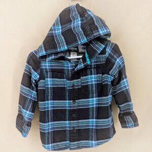 2T Boys Hooded Flannel Shirt/Jacket Long Sleeve Button Up 100% Cotton Blue Plaid